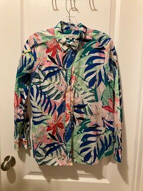 LOFT Tropical Floral Button-Down Shirt in Blue, Green, Pink, Red